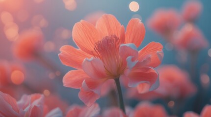Fototapeta premium Peach Colored Flower Close-up with Bokeh Lights and Dreamy Background