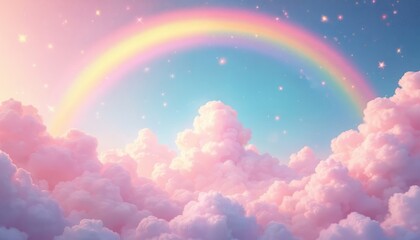 Pastel rainbow over pink clouds. Fantasy fairy sky with stars. Charming holographic iridescent gradient background. Perfect wallpaper for princess party or cute wallpaper for girls.