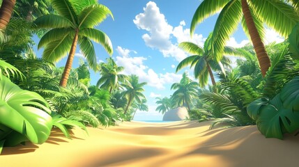 A sandy beach path leads through lush tropical vegetation and trees