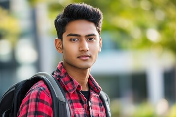 Indian student wearing backpack going to university campus, copy space