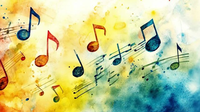 Watercolor musical notes on colorful background