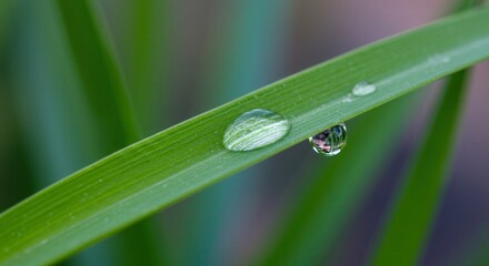 Water Droplets on Green Blade of Grass Macro Photography