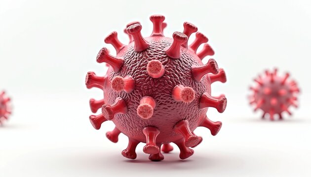 Illustration of red virus pathogen cell on a white background. Microscopic view of infectious disease. Viral threat concept and medical research. Vaccine development during pandemic. Macro photo. - Powered by Adobe