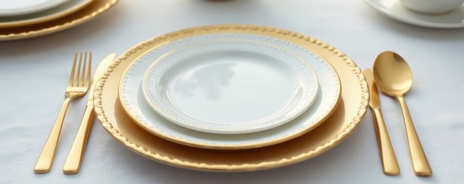 Gleaming gold cutlery on crisp white linen, elegant charger plates , royal, restaurant