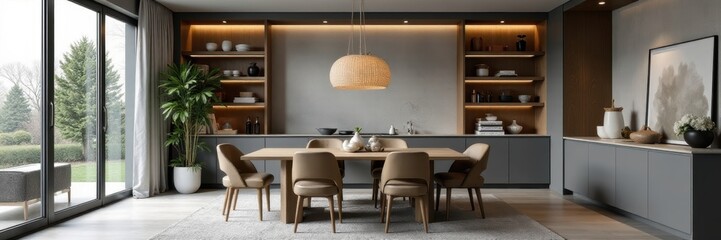 Gray panoramic dining room, built-in cupboard, light, apartment, view