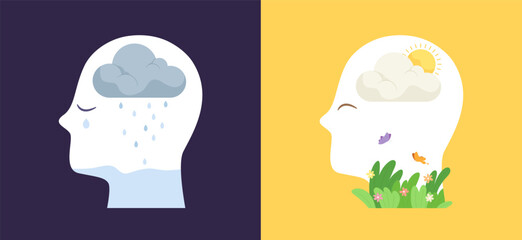 Set of mental health illustration. Concept of mental well-being, depression, healthy mental, sadness, happiness. Abstract mental status symbol. Flat vector illustration.