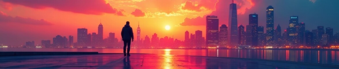 Fototapeta premium Lonely figure strides toward vibrant cityscape, leaving shadows behind, innovation, dynamic, past