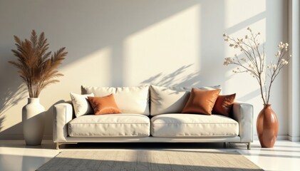 Modern couch, elegant vases, sunlight streams , couch, space