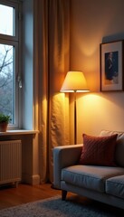 Modern floor lamp illuminates cozy living room, lighting, home decor, furniture