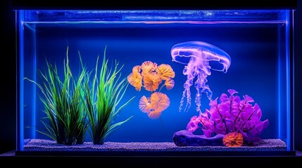 Vibrant aquarium scene featuring jellyfish, colorful plant, and artificial coral in blue light