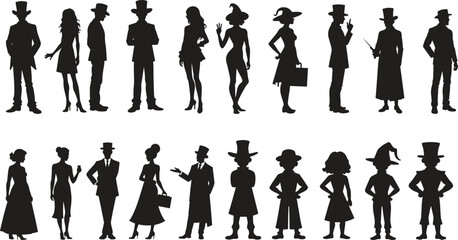 Collection of classic character icon vector illustration silhouette design in various attire isolated on white background