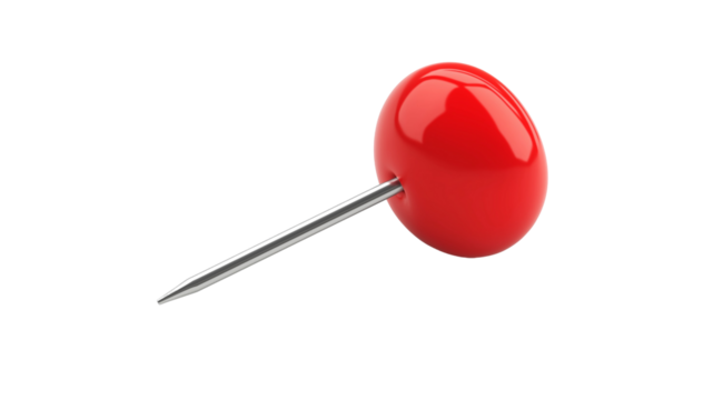 3D realistic pushpin with a sleek and detailed design, isolated on a white background. High-resolution image perfect for presentations, office supplies, and design projects.