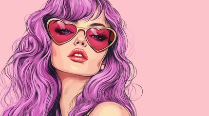 Beautiful stylish woman with pink purple hair in vintage style with sunglasses heart shape. Pin-up model.