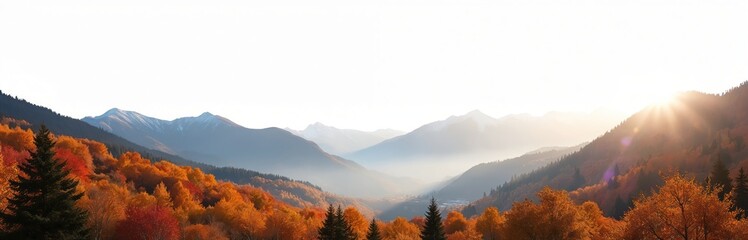 Panorama of mountain autumn landscape at sunrise. Orange, red trees on hills. Blue mountains covered with snow and mist. Forest in valley, light rays on horizon.