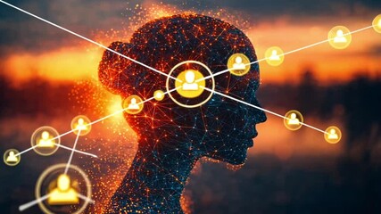 Abstract female profile connected to people silhouettes, sunset background, showing network connections. Possible use stock photo for a presentation on social networking, digital connectivity - Powered by Adobe