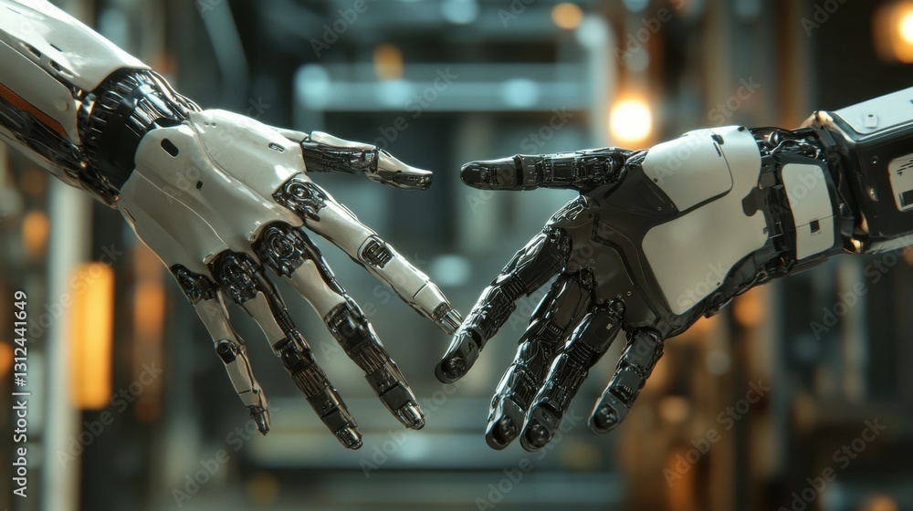Aufkleber close-up of two robotic hands reaching towards each other in a factory setting