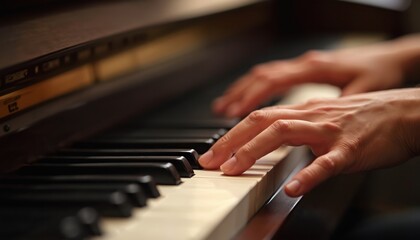 Obraz premium Close-up of hands playing piano keys. Fingers press keys. Pianist performs solo concert, creates melody. Instrument provides musical background, creative musical expression, leisure activity, hobby.