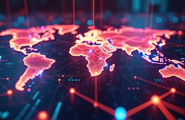 Vibrant digital network visualization with data nodes. Glowing lines connect world continents, representing interconnectedness of information tech. Cyber technology background for digital, marketing,