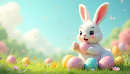 Fototapeta premium illustration of white easter bunny with eggs on easter holiday