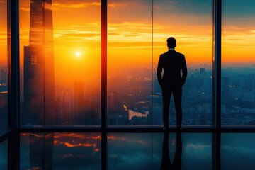 CEO in quiet contemplation, gazing over city skyline from high-rise office