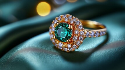 **A timeless luxury jewelry arrangement showcasing a golden emerald ring and diamond earrings, resting gently on green satin with soft golden lighting.