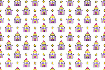 Seamless pattern of cartoon castles and stars on white background.