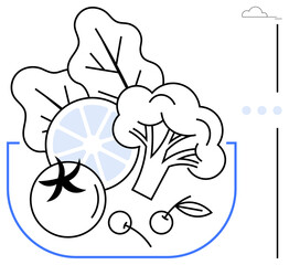 Leafy greens, tomato, broccoli, citrus slice, and cherries inside a bowl. Ideal for nutrition, health, wellness organic lifestyle diet sustainability eco-conscious living. Flat simple metaphor