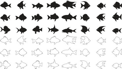 Set of black and white silhouette design Fish icon vector illustration with white background