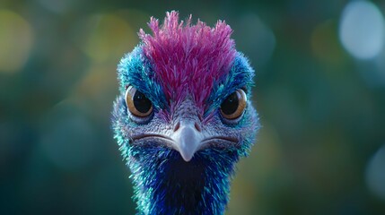 Closeup Portrait of an Angry Cassowary with Blue and Pink Feathers