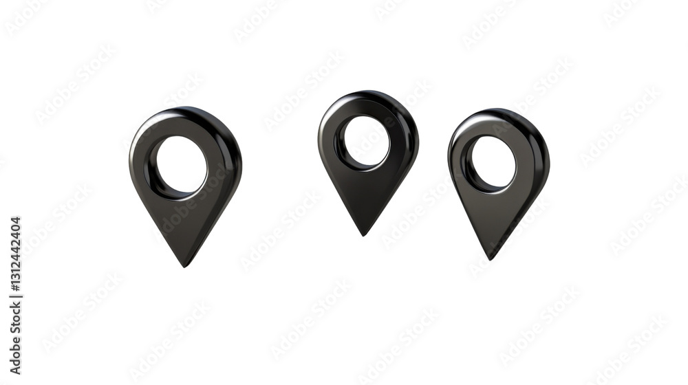 Poster three black location pin icons on transparent background representing gps and navigation