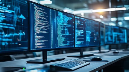 Multiple computer monitors displaying lines of computer code information
