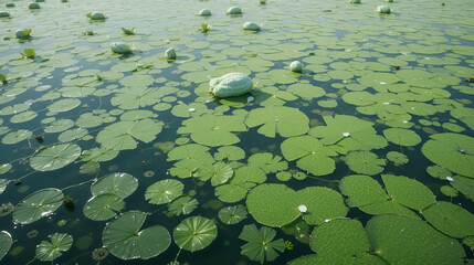 Garbage and blooming green water. Algae bloom due to pollution. Environment and water pollution protection concept. Banner