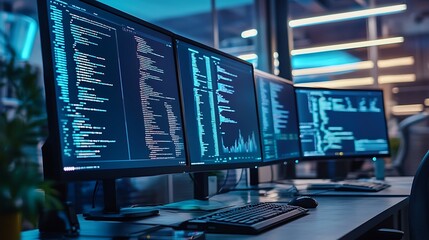 Multiple computer monitors displaying lines of code and data analysis