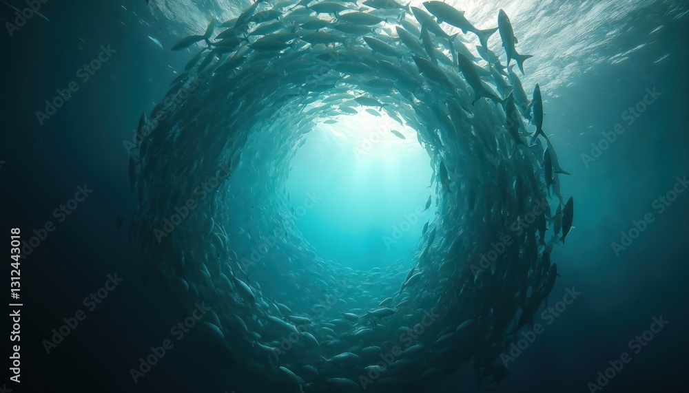 Poster underwater shot of school fish swimming in vortex formation. captivating dynamic aquatic scene with 