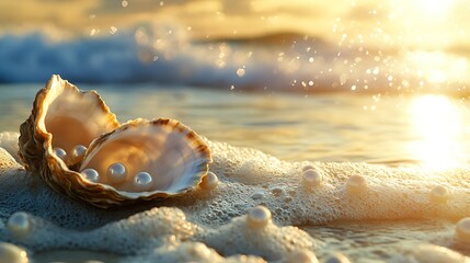 Oyster shells with lustrous pearls and dreamy ocean backdrop