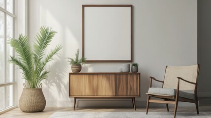 Stylish interior design of living room with wooden retro commode, chair, tropical plant in rattan pot, basket and elegant personal accessories. Mock up poster frame on the wall. Template. Home decor.