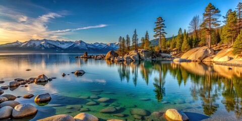 High resolution panorama of serene Lake Tahoe with majestic mountains and calm waters reflecting the vibrant colors of Sand Harbor State park at sunrise, Outdoor, Nature