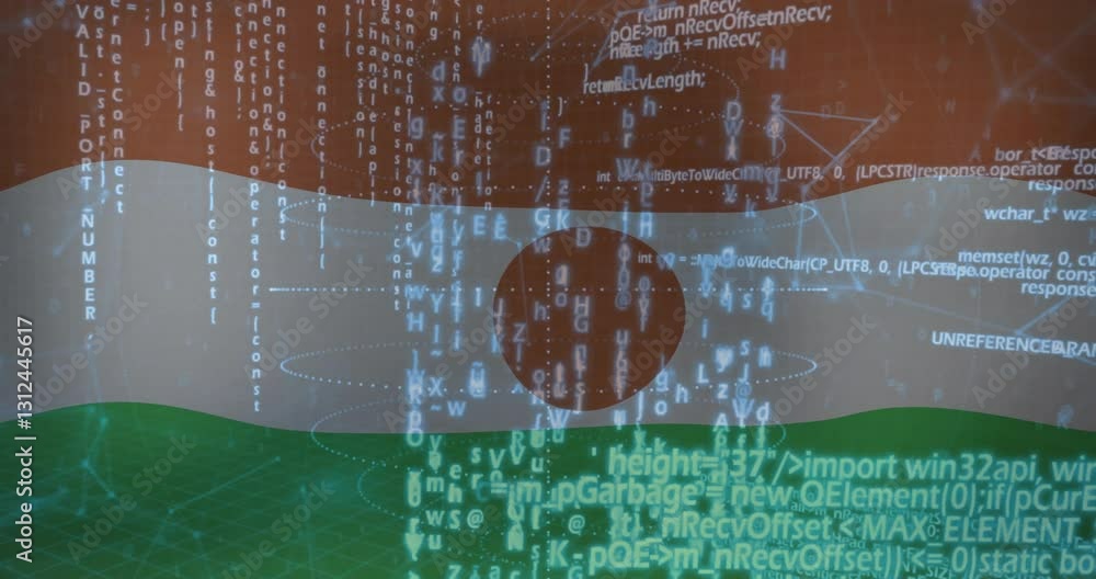 Poster animation of digital code and programming symbols overlaying indian flag colors