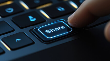 Obraz premium Share Button on Illuminated Keyboard Digital Sharing Concept