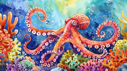 Fototapeta premium watercolor painting of octopus