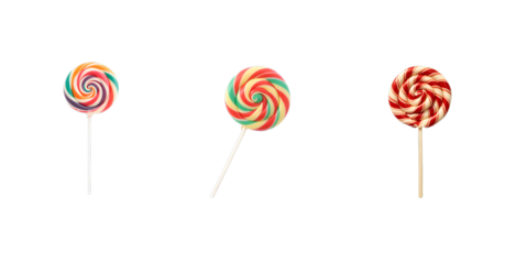 three colorful swirl lollipops on wooden sticks isolated on a white background, a classic sweet treat ideal for candy shops, advertisements and food photography	