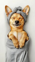 Funny portrait of a dog wrapped in towel a towel turban on its head on white background, looking relaxed and content.
