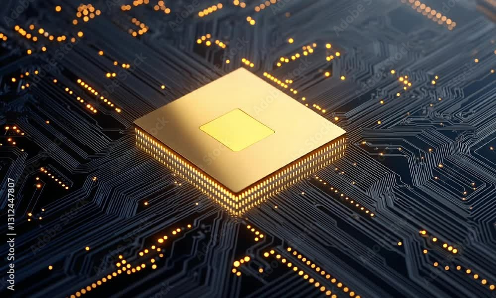 Aufkleber a close-up view of a modern gold computer microchip placed on a dark circuit board, showcasing intri