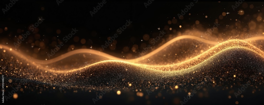 Poster Golden glittering particles and sparkling star dust on black background for luxury banner. Digital wave of shine and shimmer effect. Abstract wavy curves with golden bokeh lights.