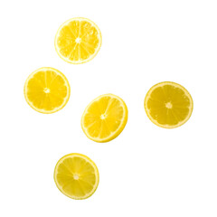 Fototapeta premium floating yellow lemon slices captured in mid air isolated on a white background, a dynamic composition ideal for food photography and creative advertisements 