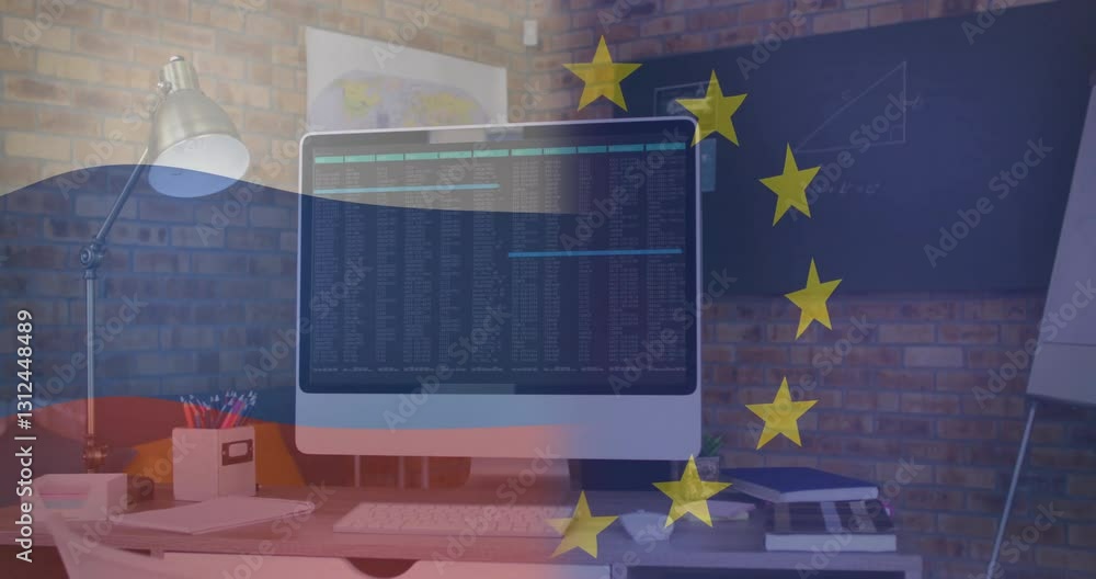 Poster European Union and Russian flags overlaying data on computer screen with animation