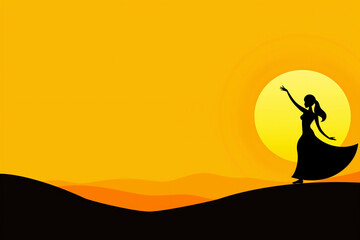 A striking silhouette of a woman gracefully dancing on a hill against a golden sunset, with a bold contrast between the black foreground and the warm, glowing background. Copy space 