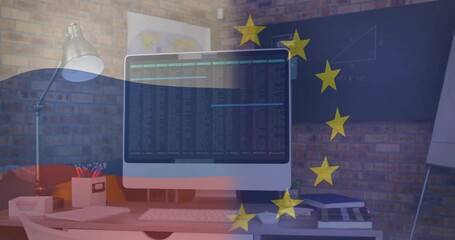 European Union and Russian flags overlaying data on computer screen with animation - Powered by Adobe