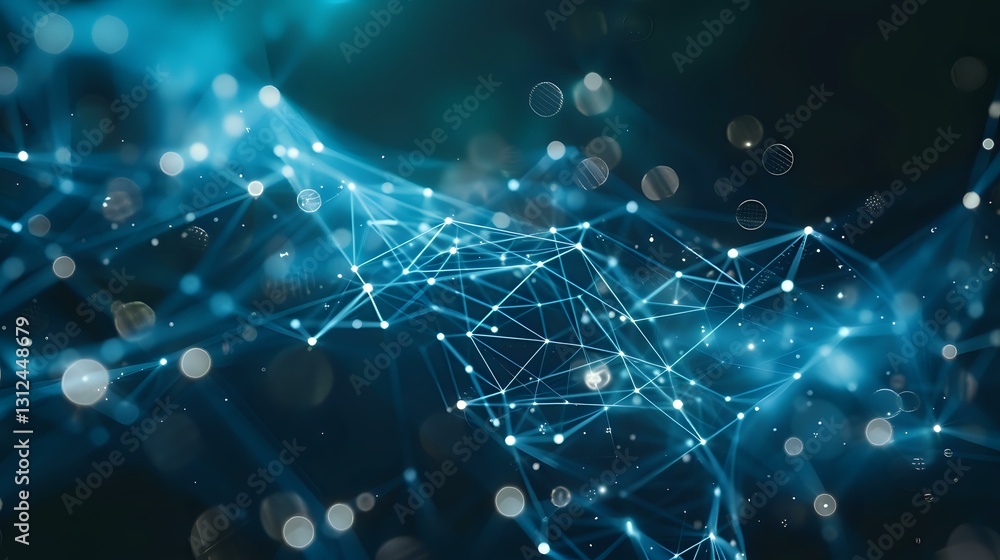 Poster abstract network of glowing dots and lines on dark background with bokeh effect in blue tones, repre
