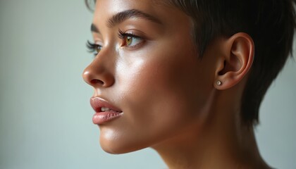 Fototapeta premium Profile close-up of young woman with perfect glowing skin, natural make-up, short hairstyle. Beauty portrait radiant complexion, flawless features, cosmetic enhancement. Ideal for skincare, beauty